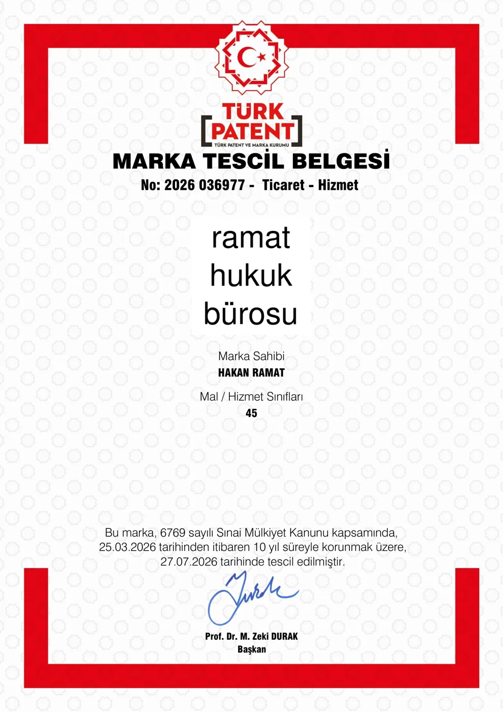 Ramat Hukuk Bürosu marka tescil belgesi
